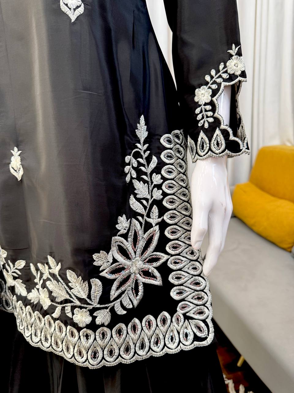Black Heavy Natural Crepe Thread and Sequence Work Palazzo Set with Tibby Silk Moti Dupatta