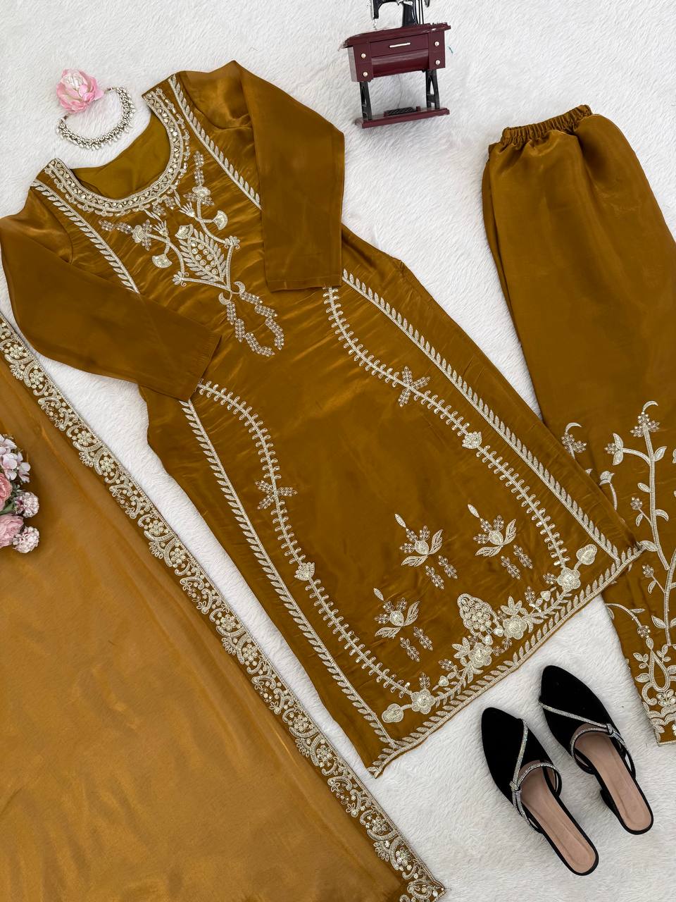 Amber Gold JMC Silk Intricate Thread and Sequence Work Palazzo Set with Matching Dupatta