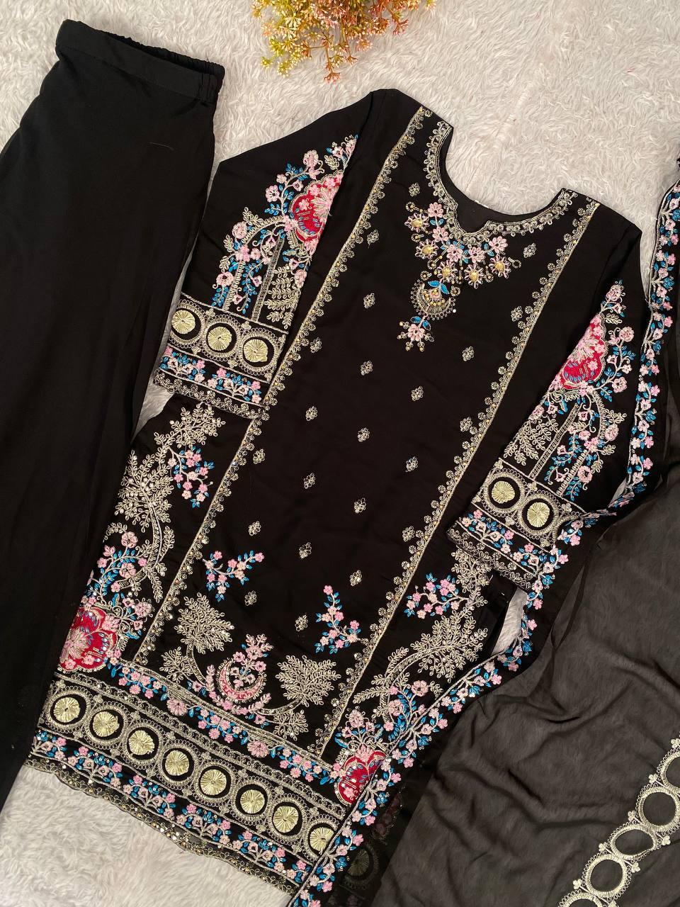 Black Fox Georgette Sequence Embroidery Kurti with Circular Palazzo and Dupatta