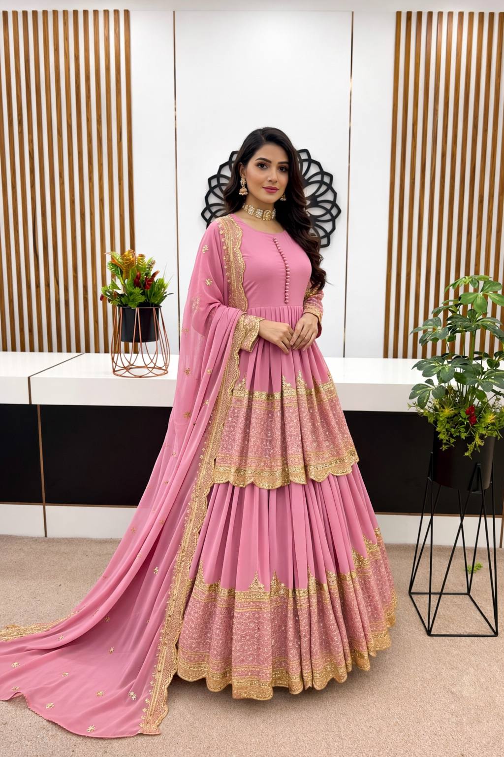 Light Pink Faux Georgette Heavy Embroidery Sequence Work Top with Semi-Stitched Lehenga and Dupatta