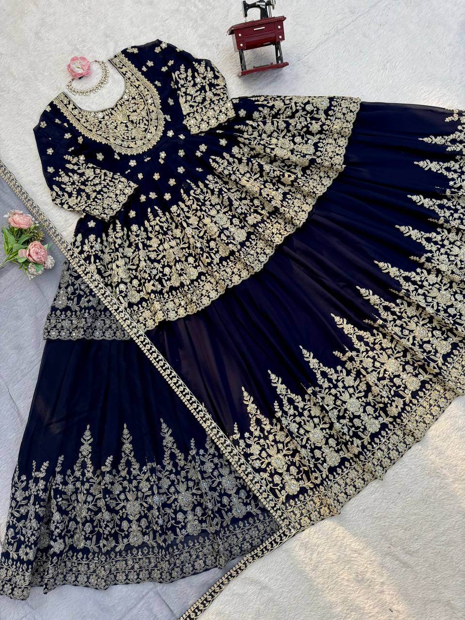 Black Faux Georgette Sequence Work Top with Lehenga and Butterfly Net Dupatta Set