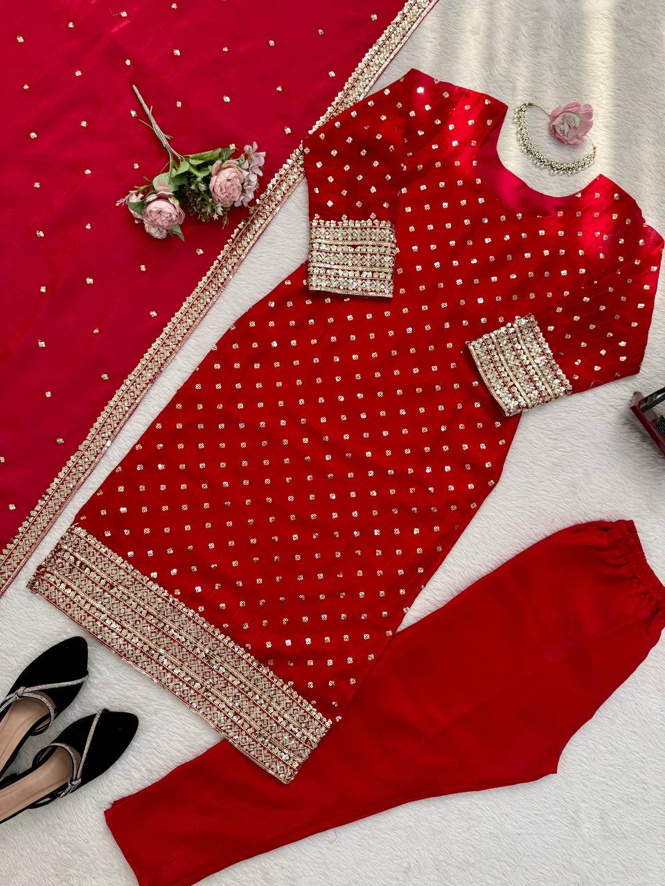 Red Silk Sequence Work Pant and Dupatta Set