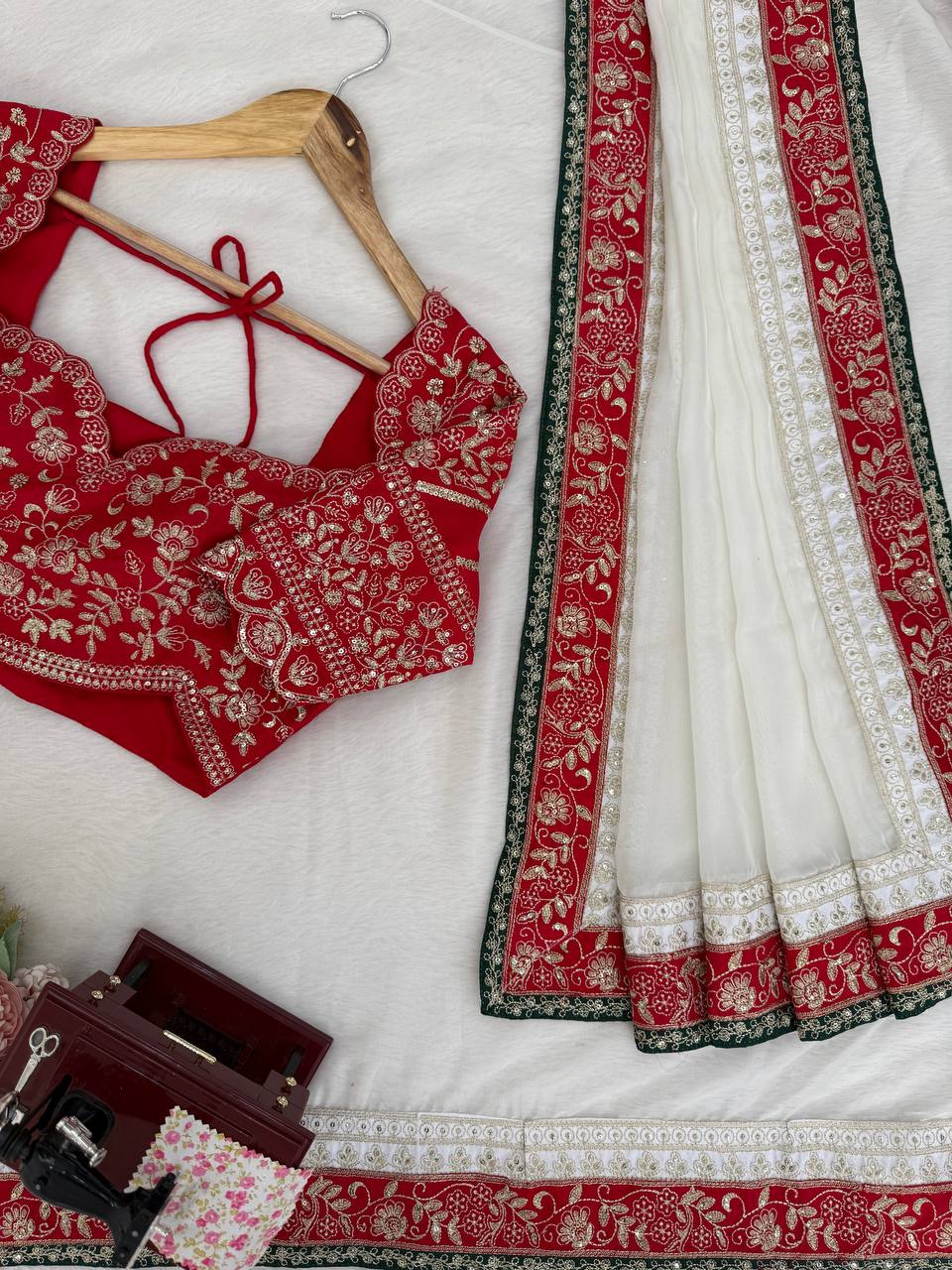White Classic Marodi And Mirror Embroidered Saree