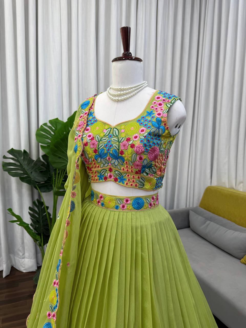 Multicolor Green Embroidery Lehenga Choli Set
