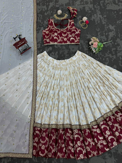 Ivory And Maroon Combination Lehenga Choli Set