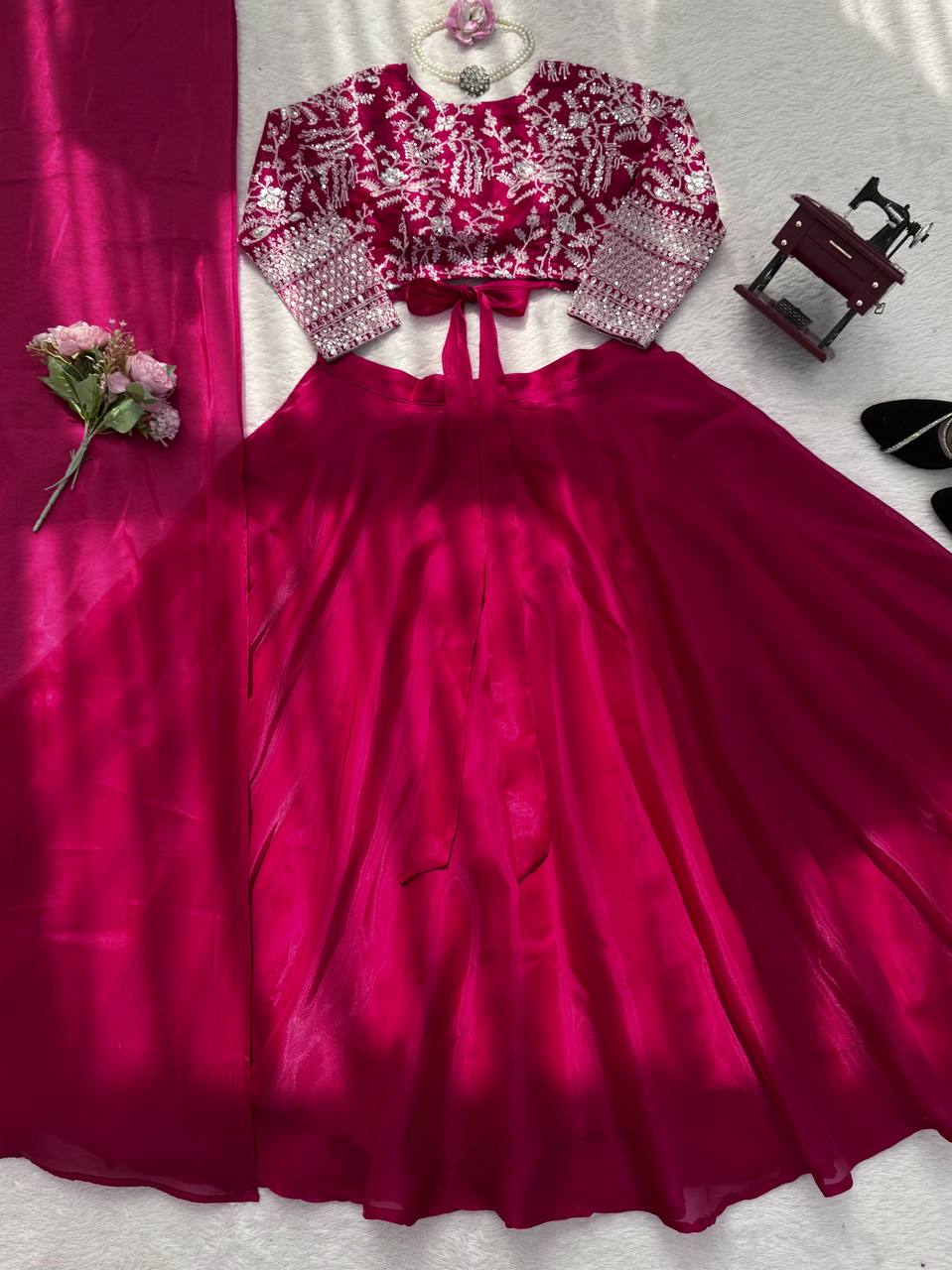 Rani Pink Embroidered Work Lehenga Choli Set
