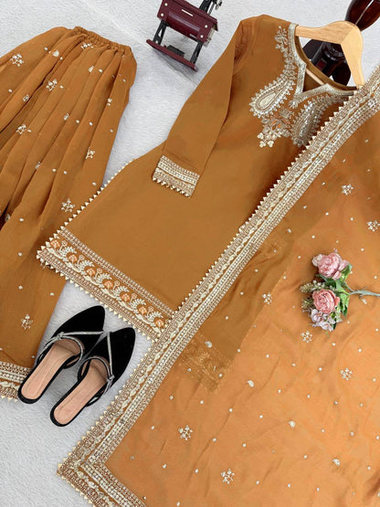 Gold Mustard Color Embroidered Kurta Sharara Set