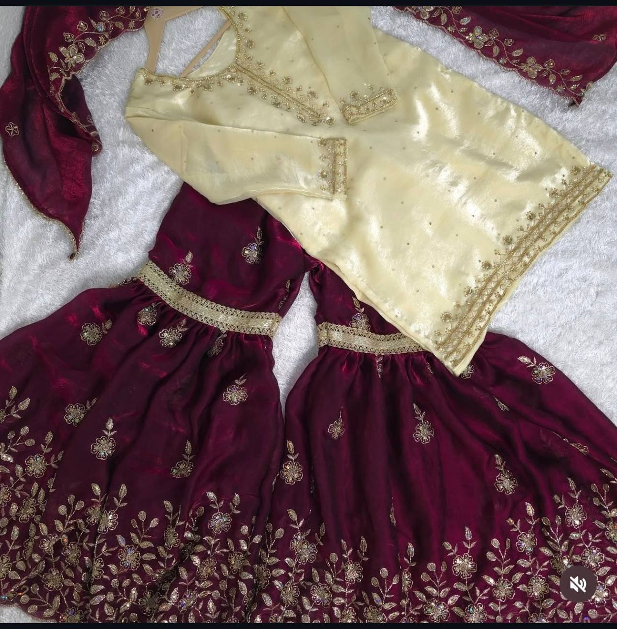 Wine Rose Zmy Silk Embroidered Party Sharara Suit Set with Dupatta