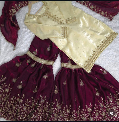 Wine Rose Zmy Silk Embroidered Party Sharara Suit Set with Dupatta