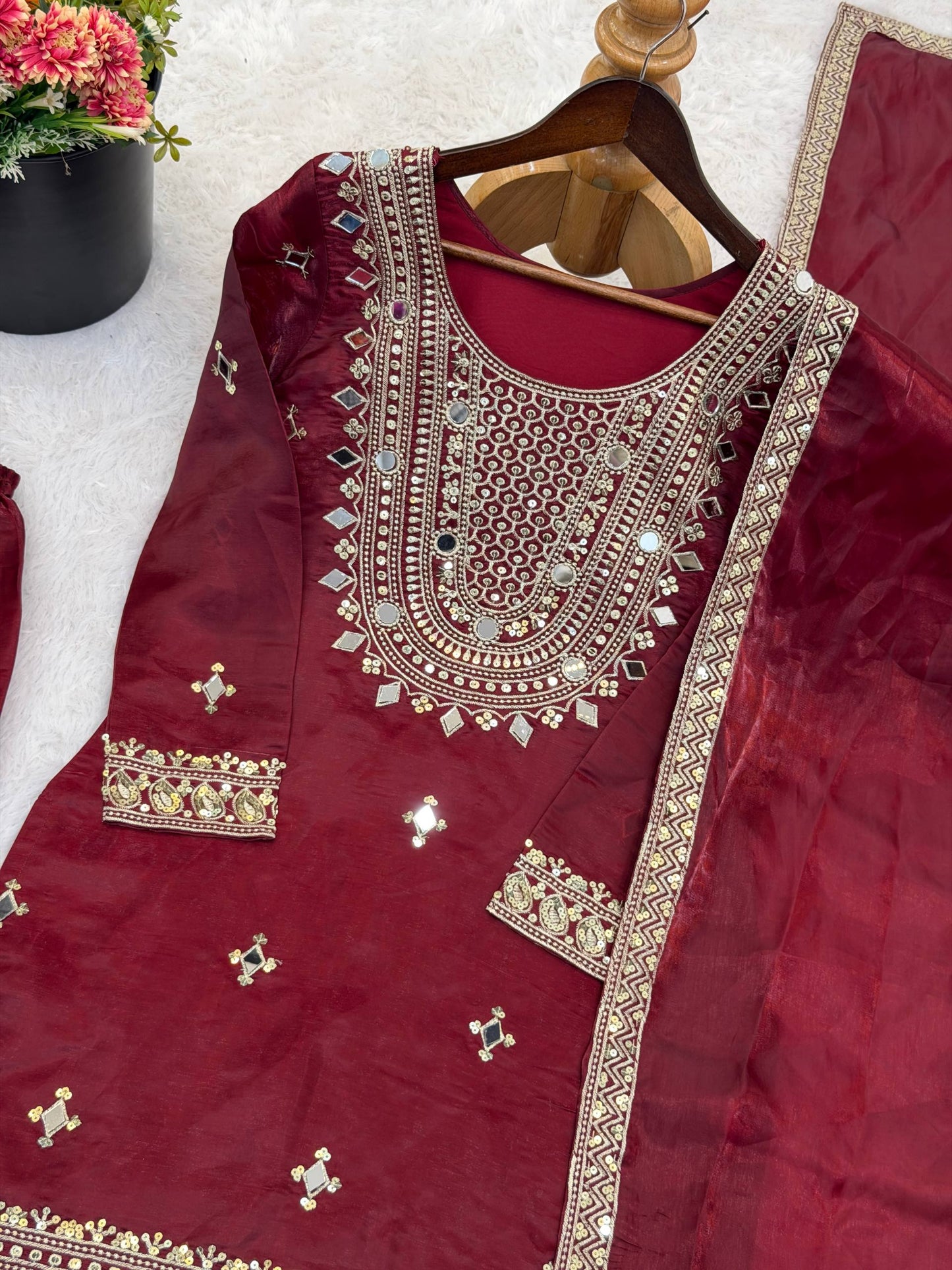 Ruby Port GMY Silk Embroidered Sharara Set with Mirror Work and Lace Border Dupatta