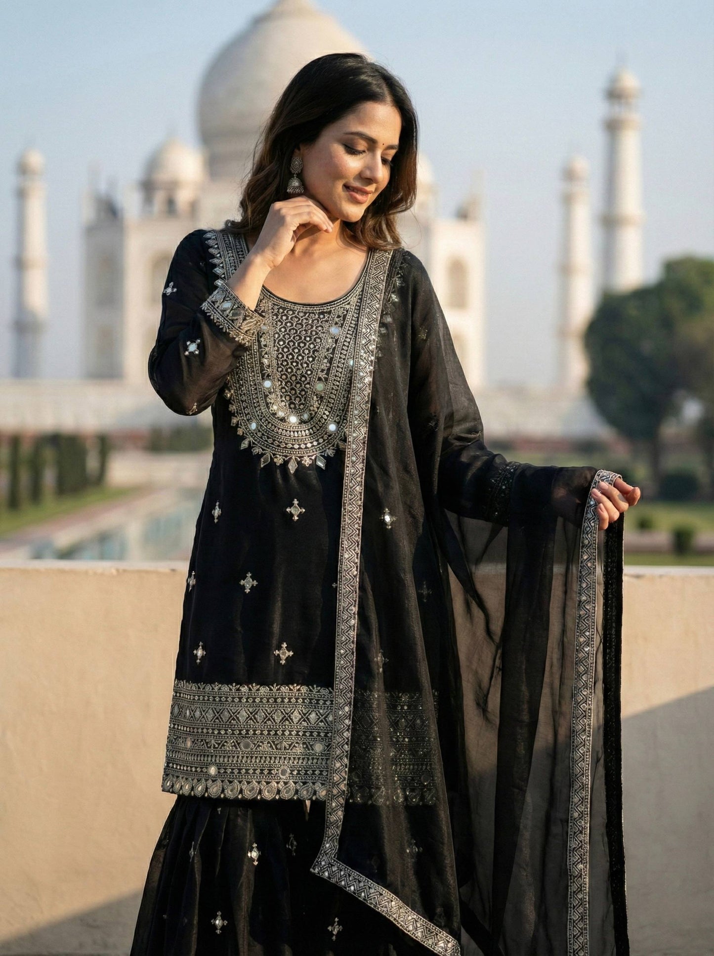 Midnight Black GMY Silk Embroidered Sharara Set with Mirror Work and Lace Border Dupatta
