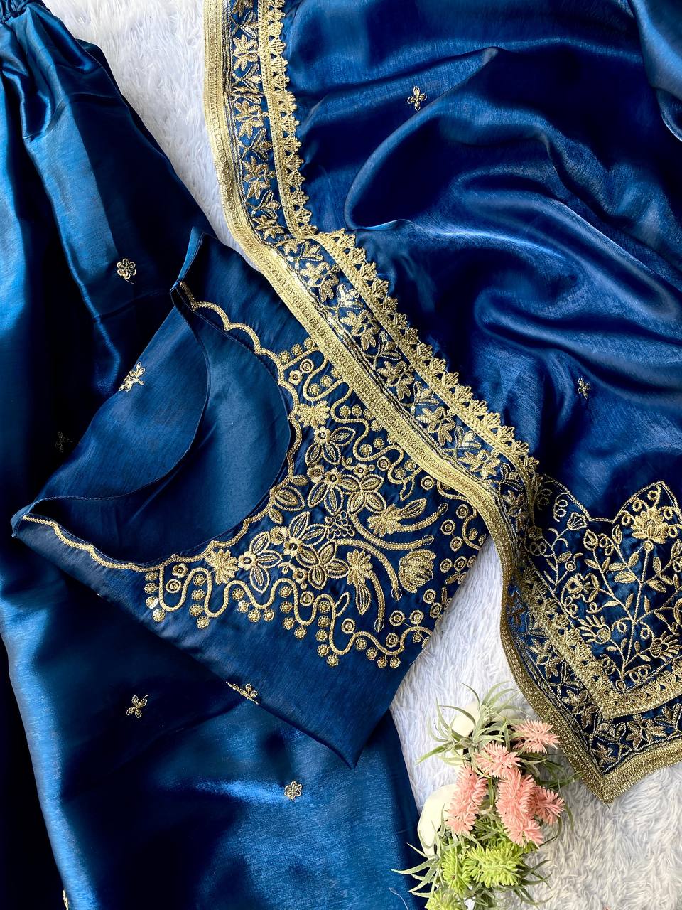 Mughal Blue GMY Silk Sequence Embroidered Top and Plazzo Set with Dupatta