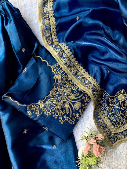Mughal Blue GMY Silk Sequence Embroidered Top and Plazzo Set with Dupatta
