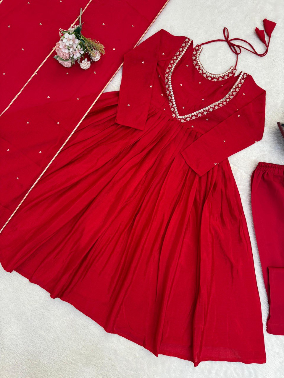 Red Chinon Silk Embroidered Top with Plazo and Lace Border Dupatta