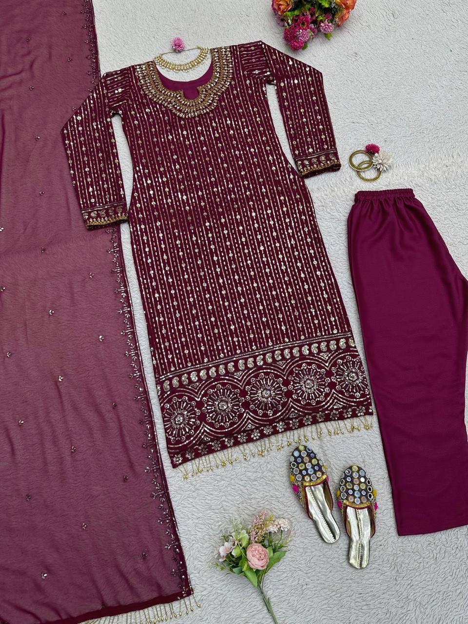 Maroon Faux Georgette Mirror Work Top with Pant and Embroidered Dupatta