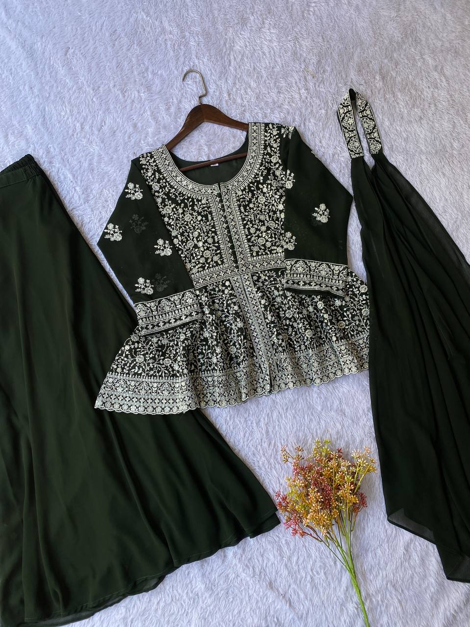 Green Embroidered Georgette Peplum Top Plazzo Set with Dupatta