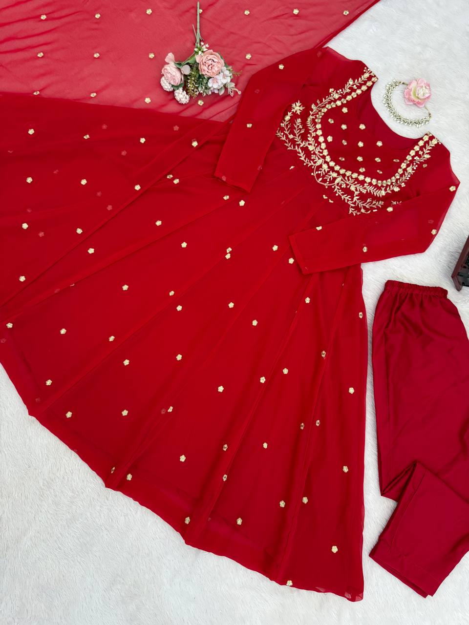 Red Heavy Faux Georgette Thread and Sequence Work Suit with Pant and Dupatta Set