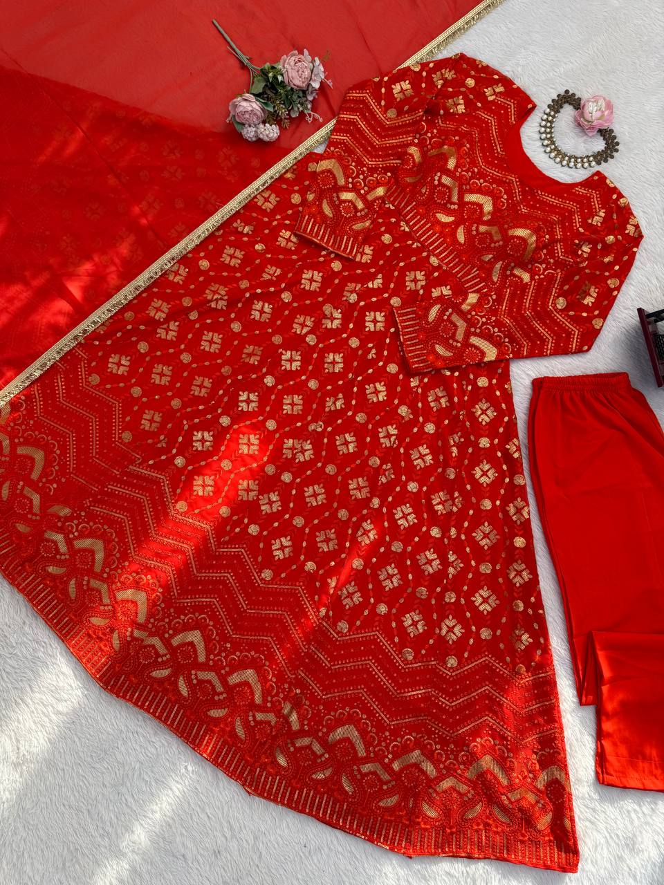 Red color Heavy Faux Georgette Thread and Sequence Work Gown with Pant and Lace Dupatta Set