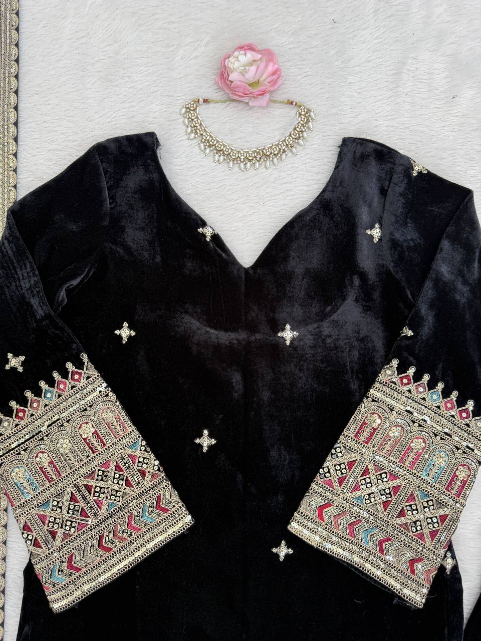 Black Heavy Velvet Coding and Sequence Work Palazzo Set with Tibby Silk Dupatta
