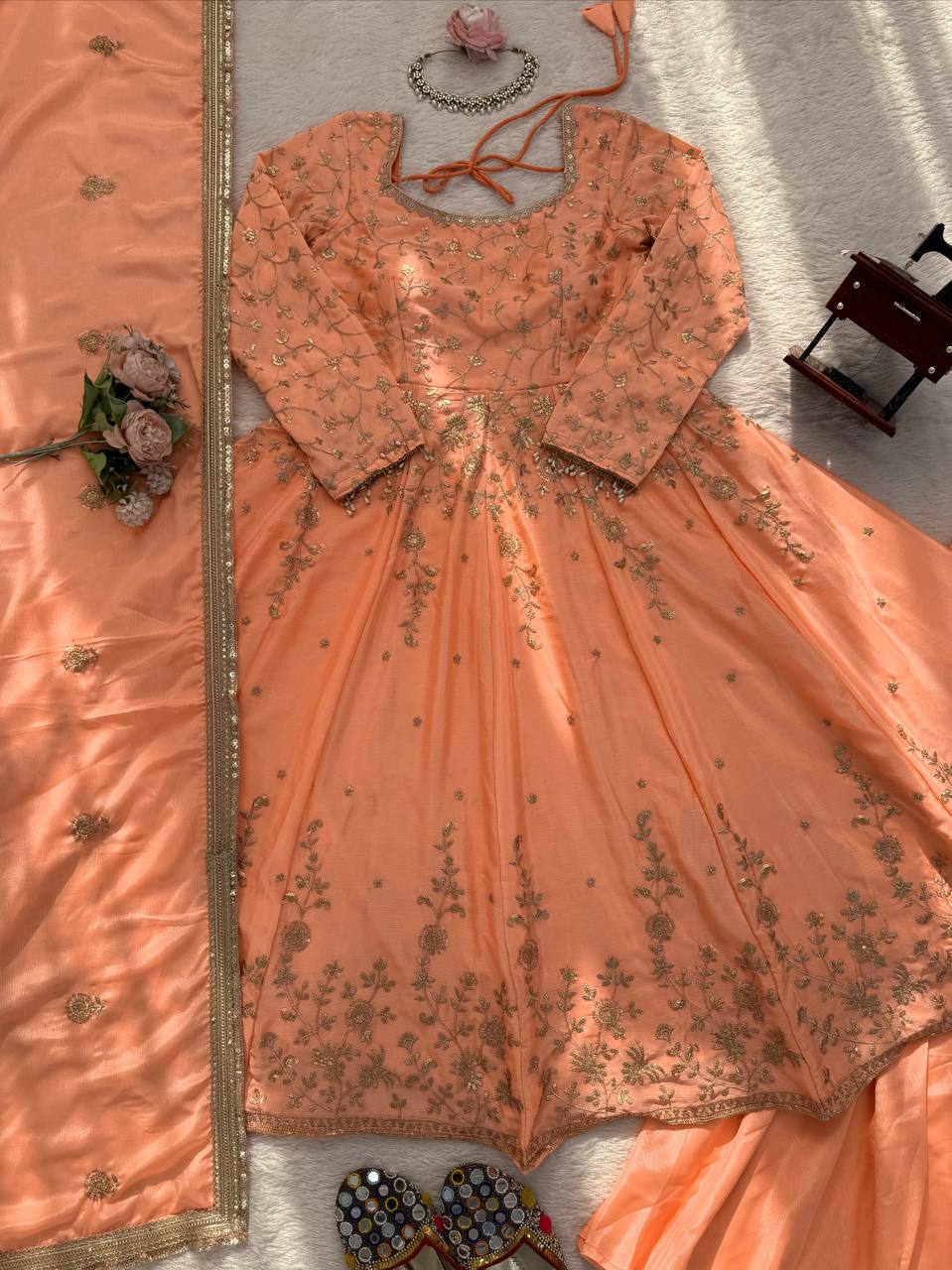 Orange colour Heavy Chinon Silk Thread and Sequence Work Gown with Lehenga and Dupatta Set