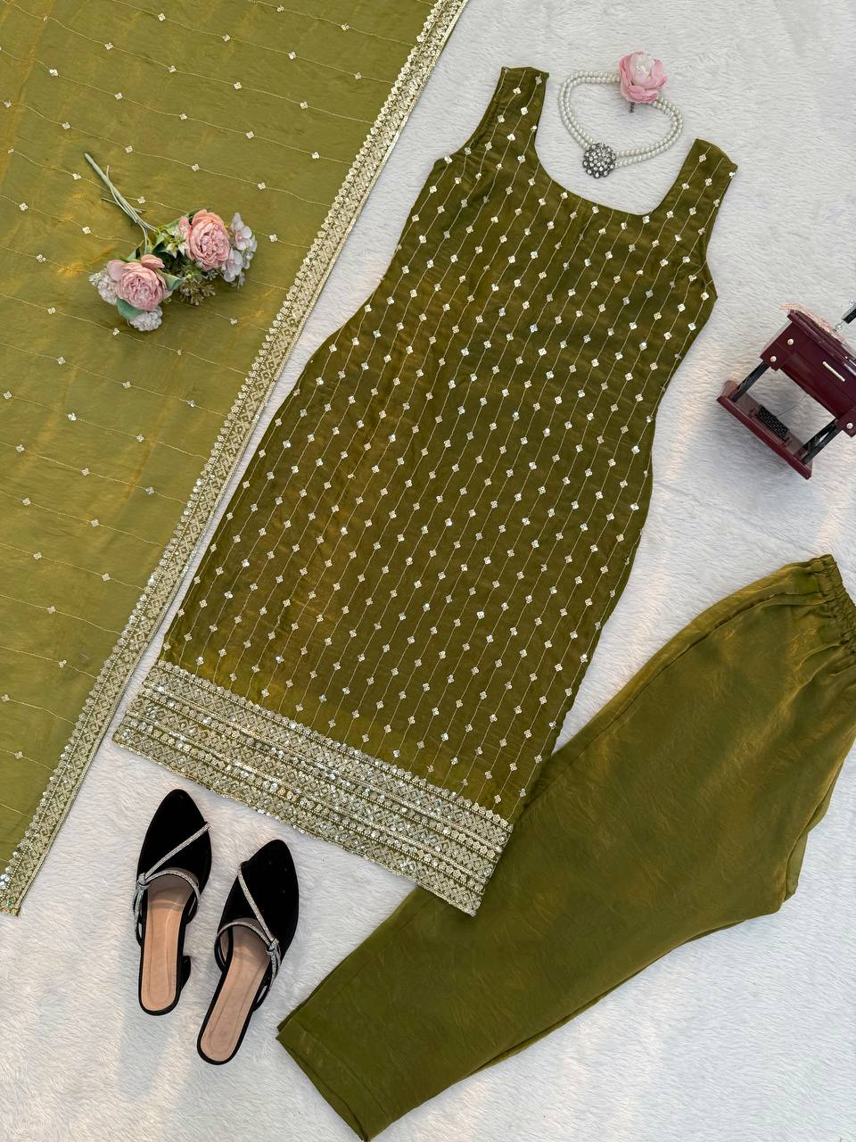 Mehndi Heavy Fendy Silk Thread and Sequence Work Top Pant Set with Dupatta