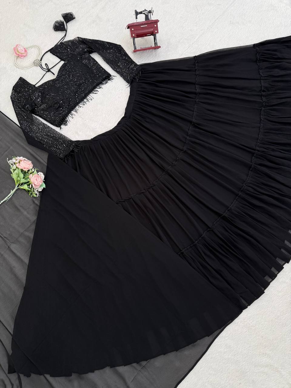 Black Faux Georgette Ruffle Style Lehenga Set with Butterfly Net Sequence Work Blouse
