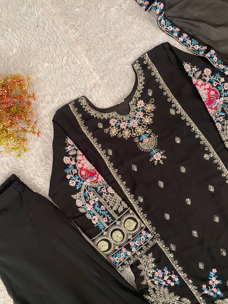 Black Fox Georgette Sequence Embroidery Kurti with Circular Palazzo and Dupatta