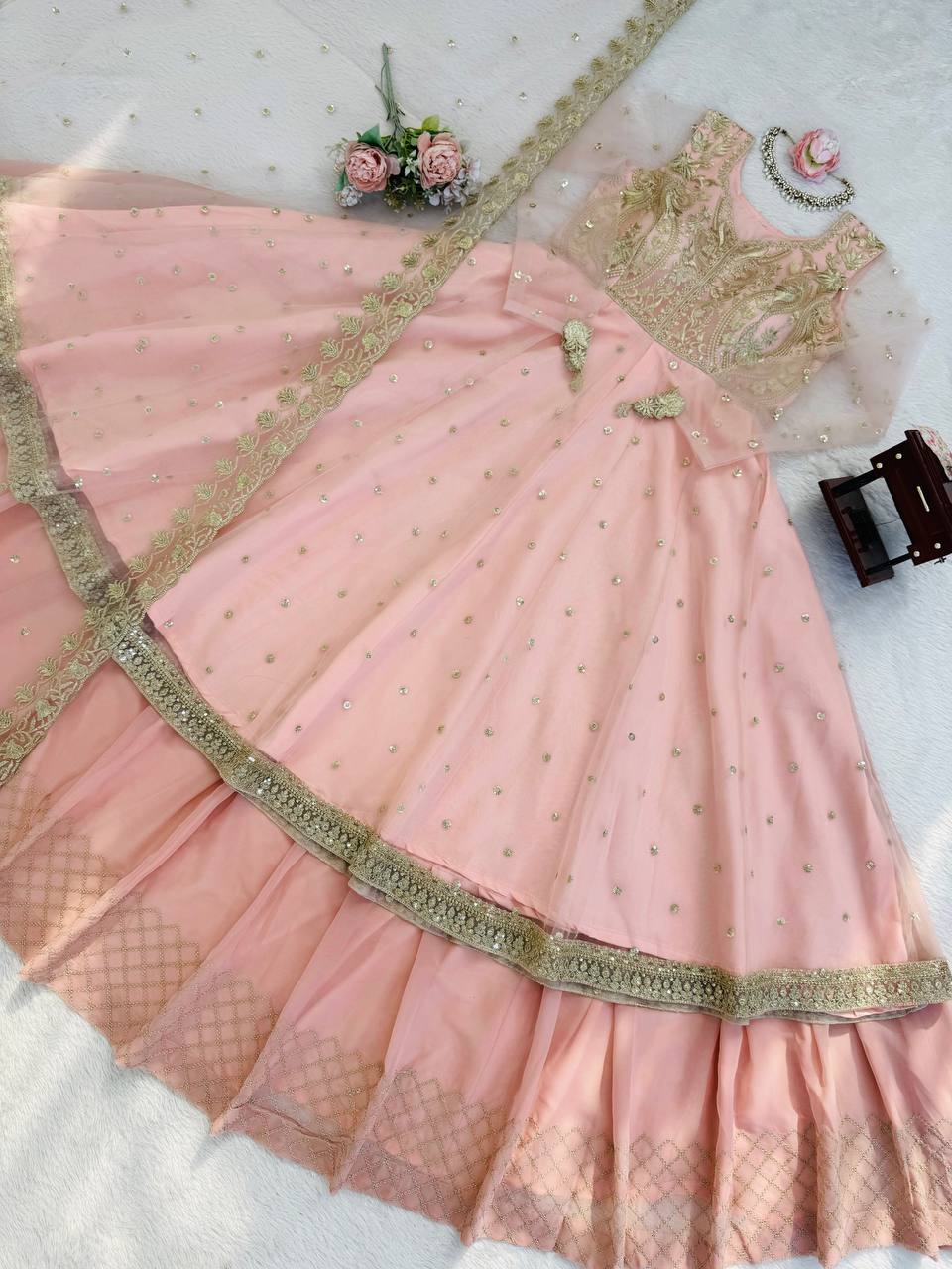 Shehzadi Pink Faux Georgette Thread and Sequence Work Gown with Lehenga and Butterfly Net Dupatta