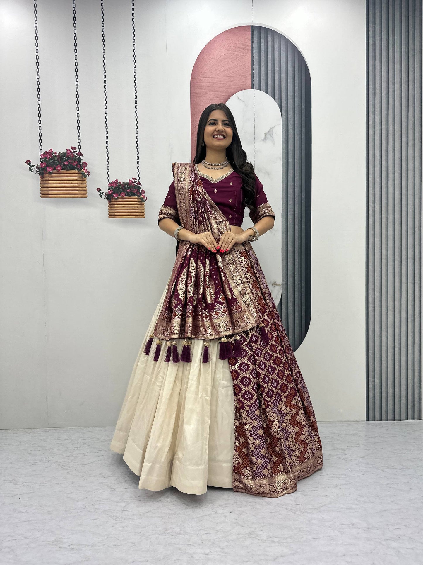 Deep Wine Pure Simar Silk Lehenga with Jacquard Silk Blouse and Jacquard Soft Silk Saree