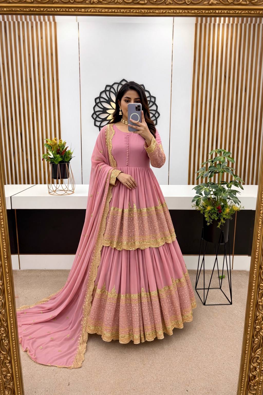 Light Pink Faux Georgette Heavy Embroidery Sequence Work Top with Semi-Stitched Lehenga and Dupatta