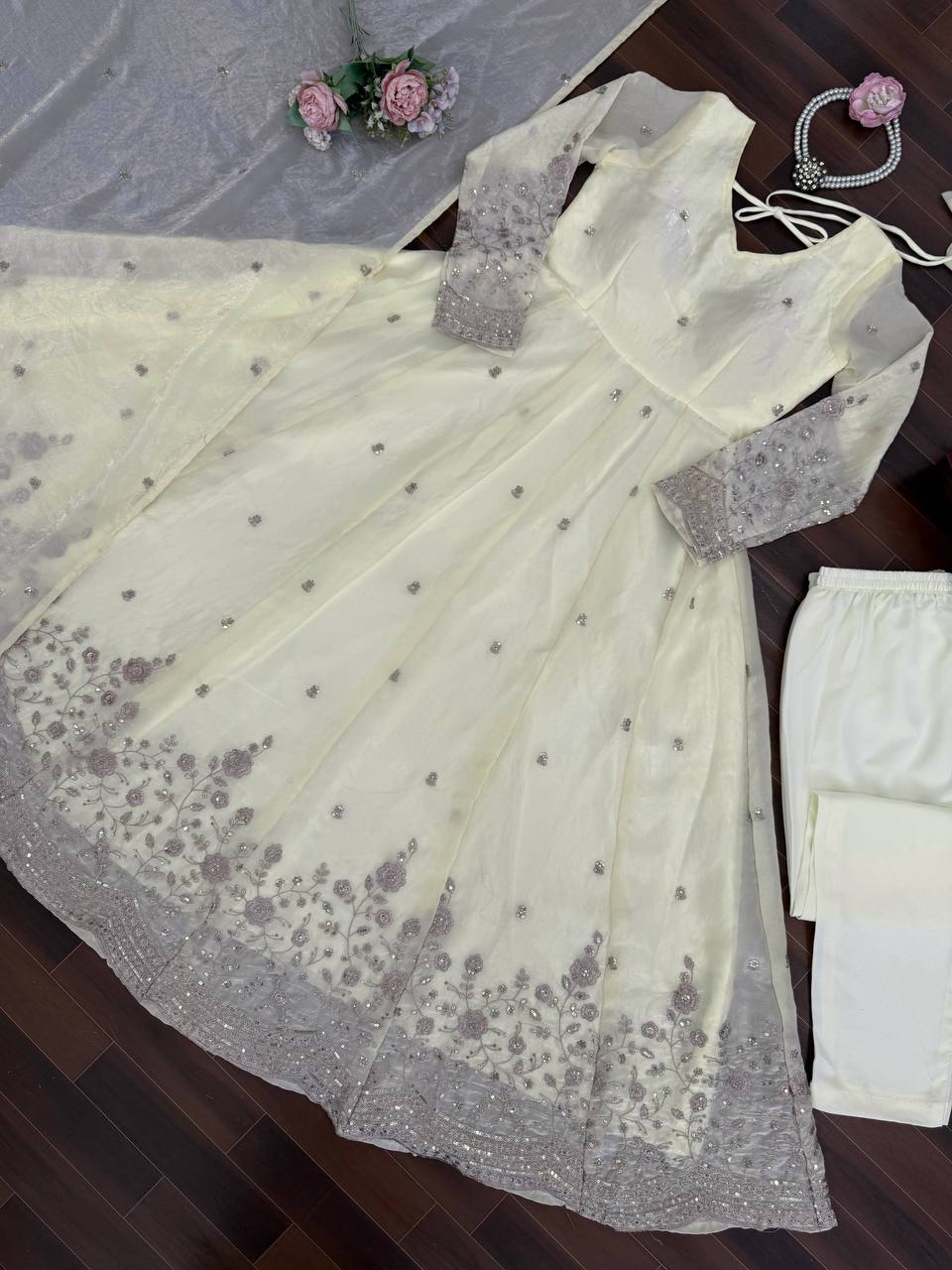 Ivory Cream Fendy Silk Thread and Sequence Work Anarkali Set