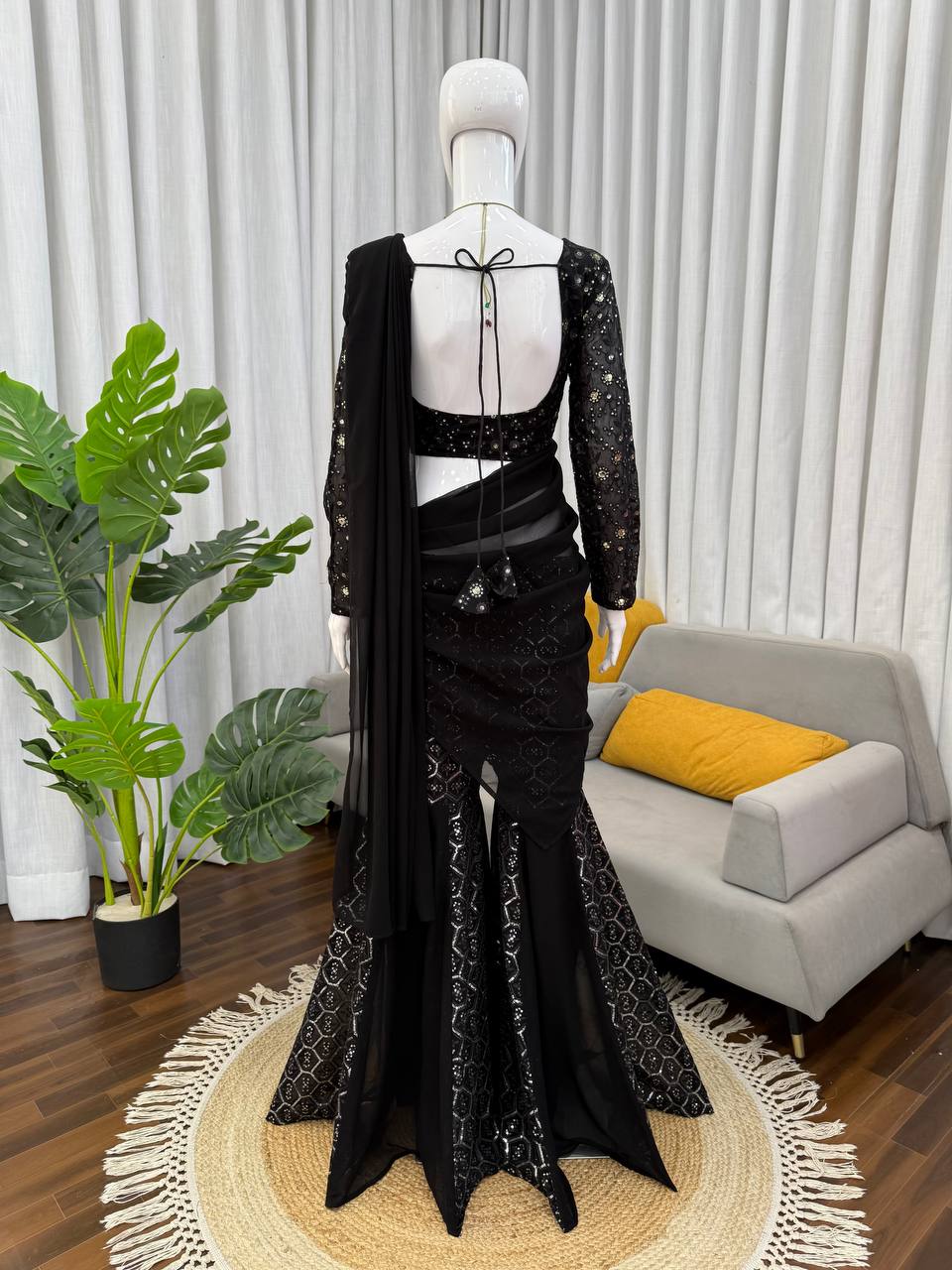 Black Faux Georgette Thread and Sequence Work Choli with Sharara and Dupatta