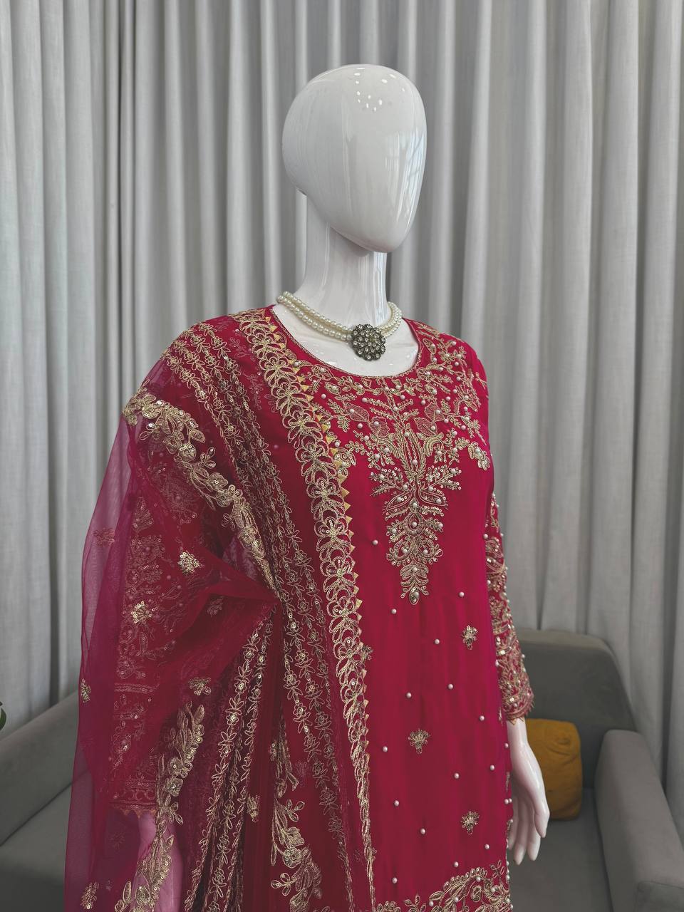 Royal Rani Pink Natural Crepe Thread and Sequence Work Top with Farshi Salwar Set