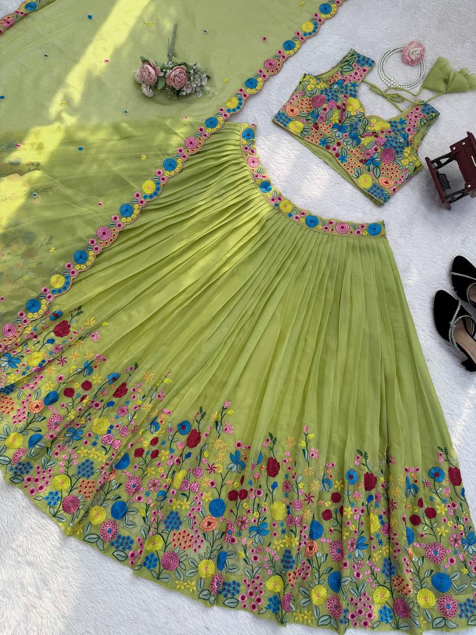 Multicolor Green Embroidery Lehenga Choli Set