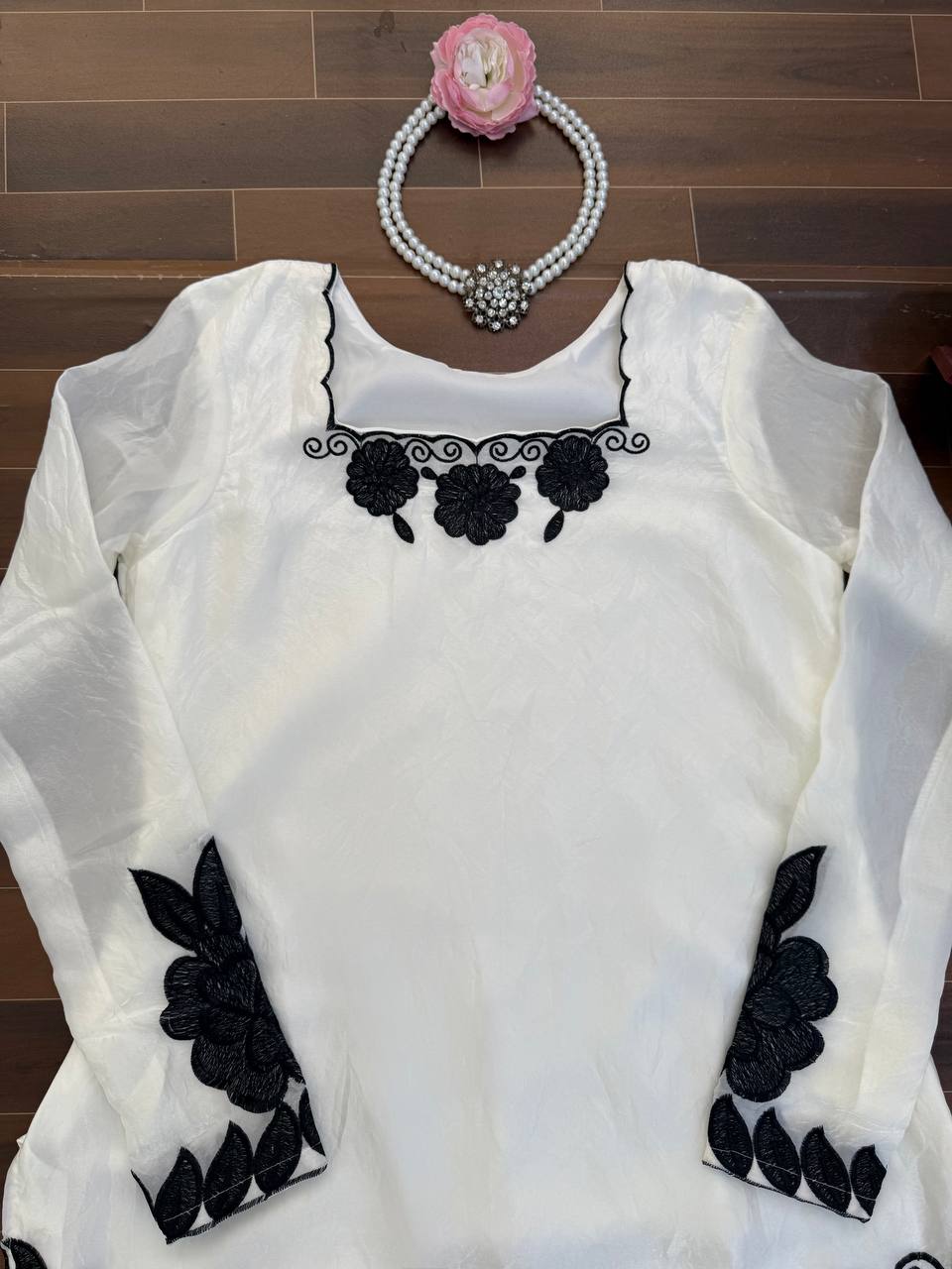 White With Black Embroidered Work Suit Set