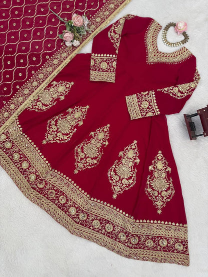 Royal Ruby Faux Georgette Embroidered Anarkali Set with Pant and Lace Border Dupatta