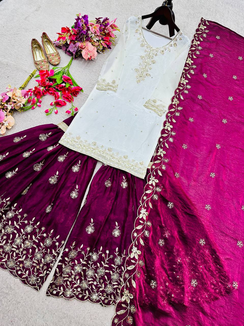 Wine Rose Zmy Silk Embroidered Party Sharara Suit Set with Dupatta