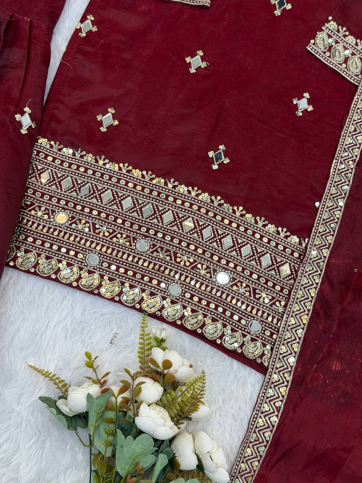 Ruby Port GMY Silk Embroidered Sharara Set with Mirror Work and Lace Border Dupatta