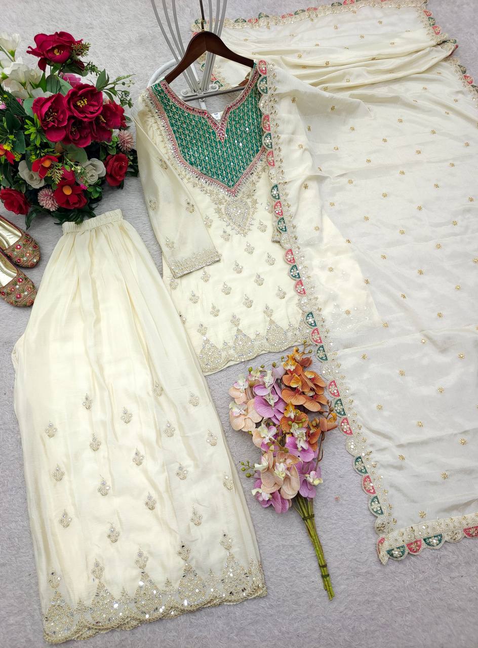 Zareen Cream Chinon Silk Embroidered Sharara Suit Set with Mirror Work Dupatta