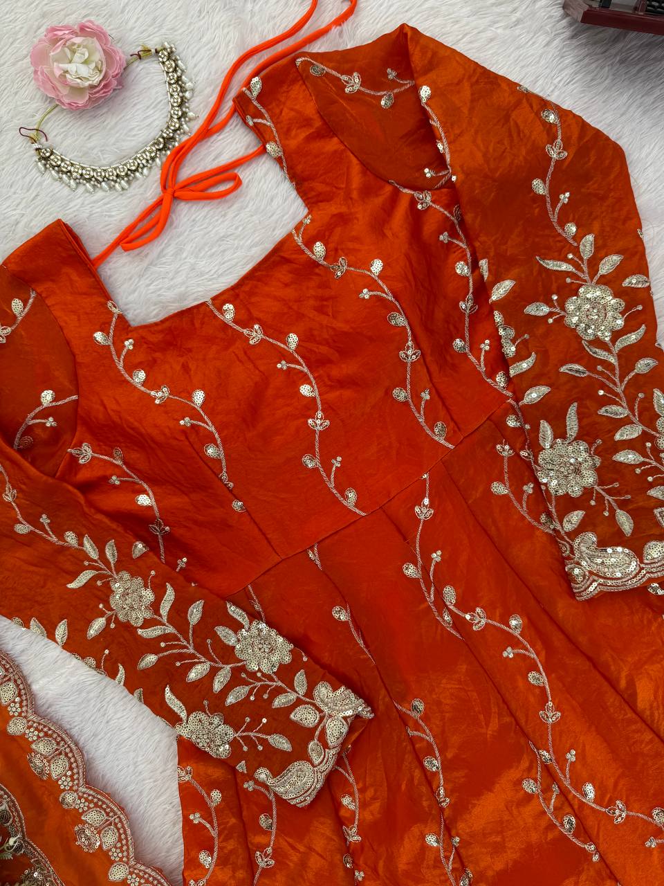 Orange Fendy Silk Embroidered Anarkali Set with Pant and Border Work Dupatta