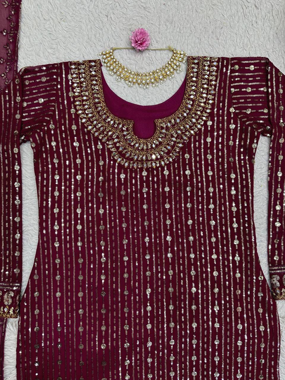 Maroon Faux Georgette Mirror Work Top with Pant and Embroidered Dupatta