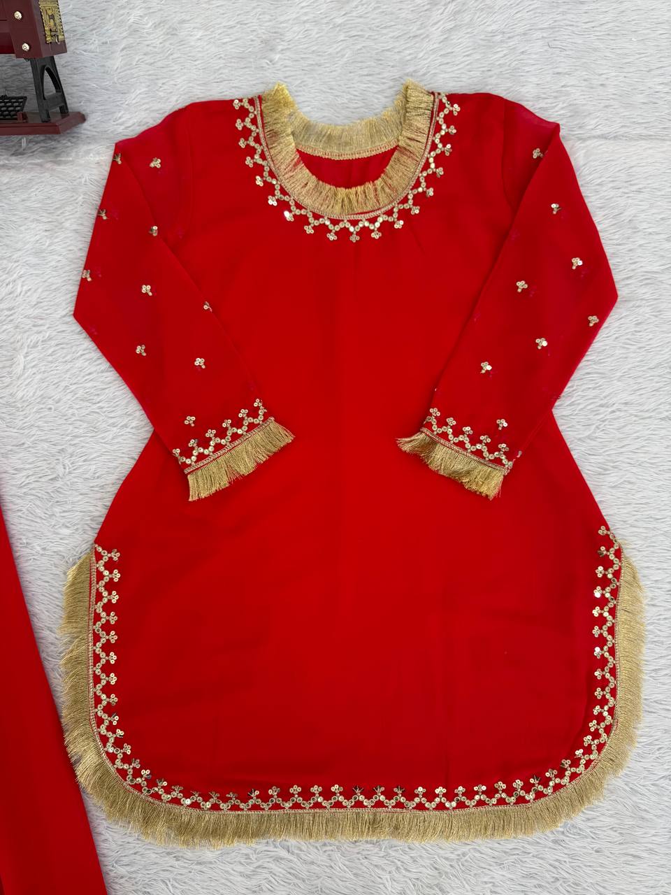 Red C by C Faux Georgette Thread and Sequence Work Sharara Set with Lace Dupatta
