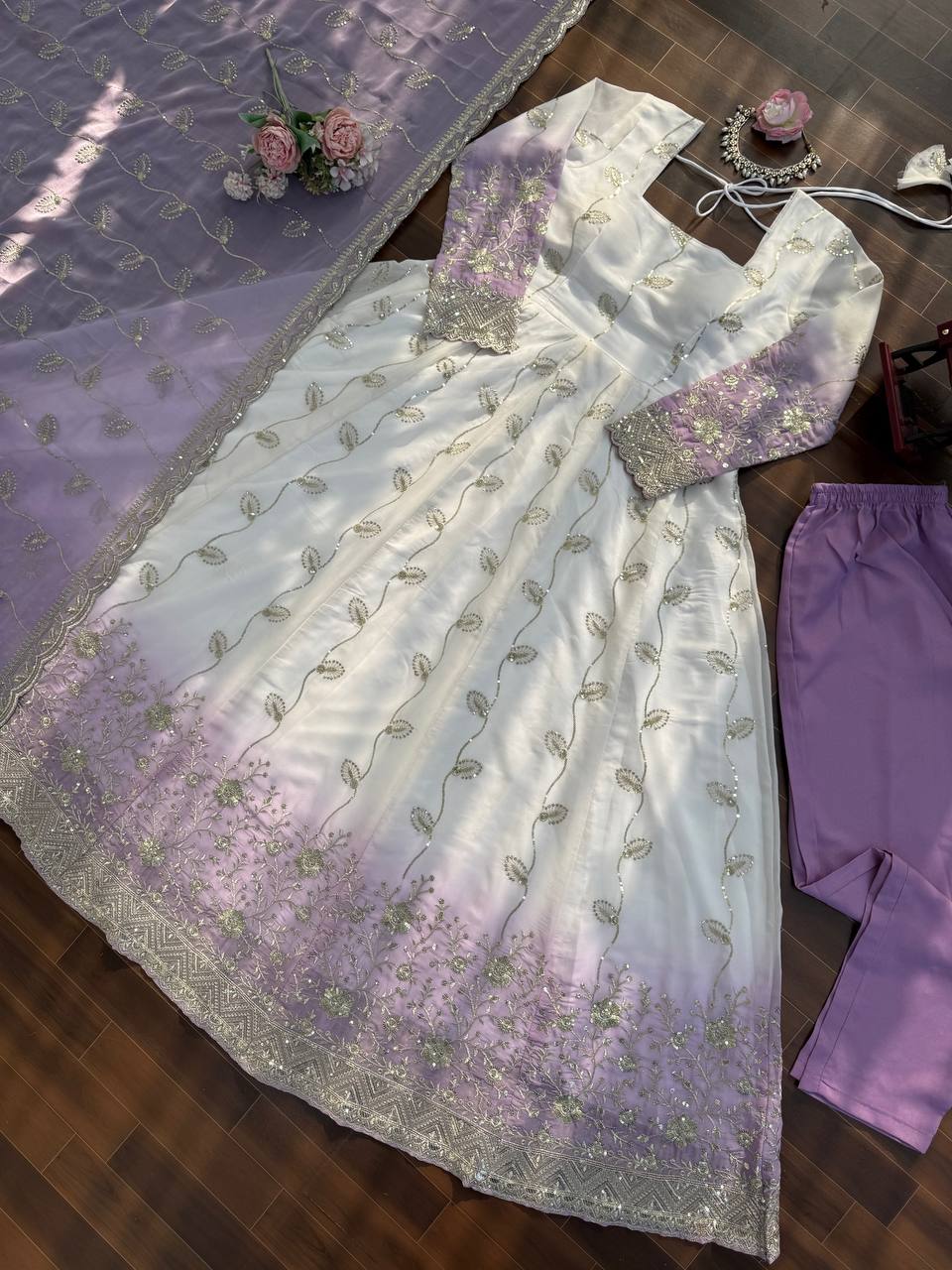 White And Purple Star Georgette Thread and Sequence Work Anarkali Set with Pant and Four-Side Border Dupatta