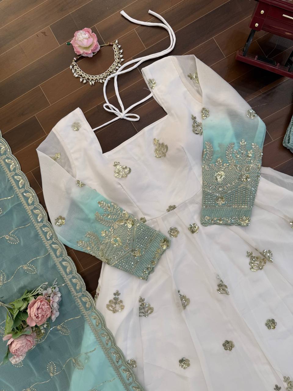 White And Rama Star Georgette Thread and Sequence Work Anarkali Set with Pant and Four-Side Border Dupatta