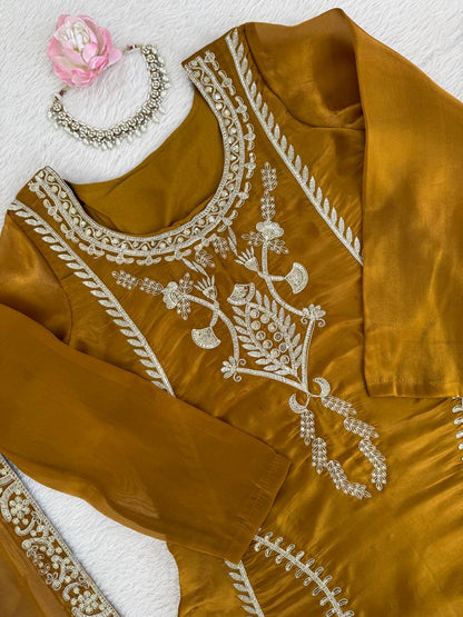 Amber Gold JMC Silk Intricate Thread and Sequence Work Palazzo Set with Matching Dupatta