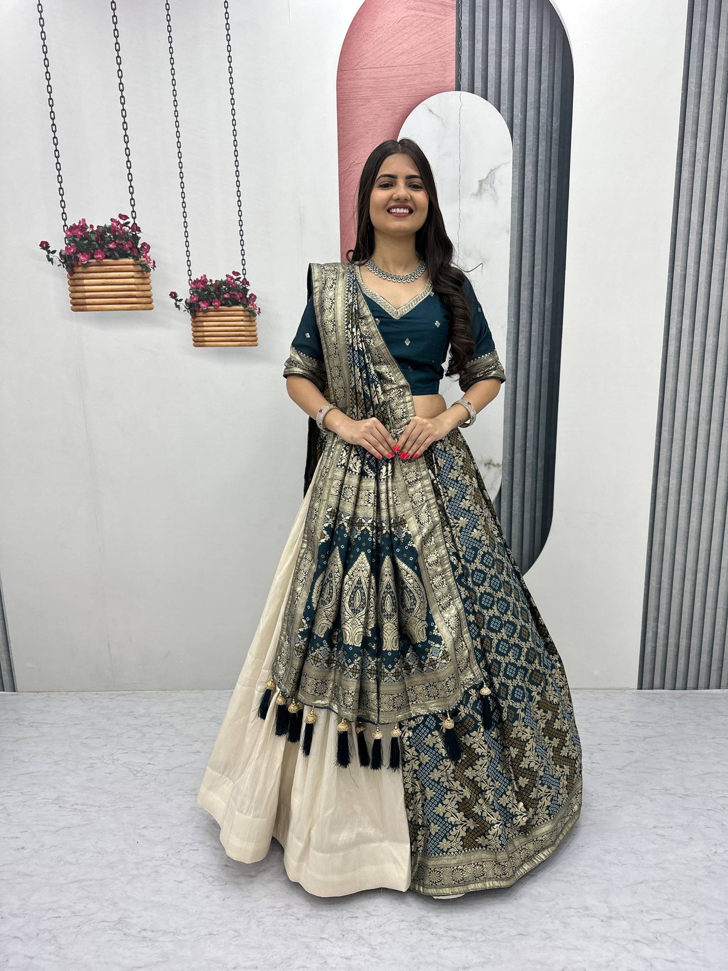 Peacock Blue Pure Simar Silk Lehenga with Jacquard Silk Blouse and Saree