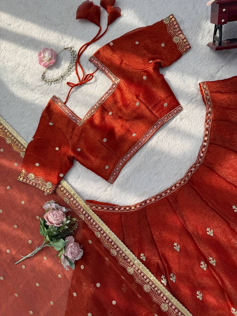 Antique Orange Krishma Silk Thread and Sequence Work Lehenga Set with Cancan and Unstitched Blouse