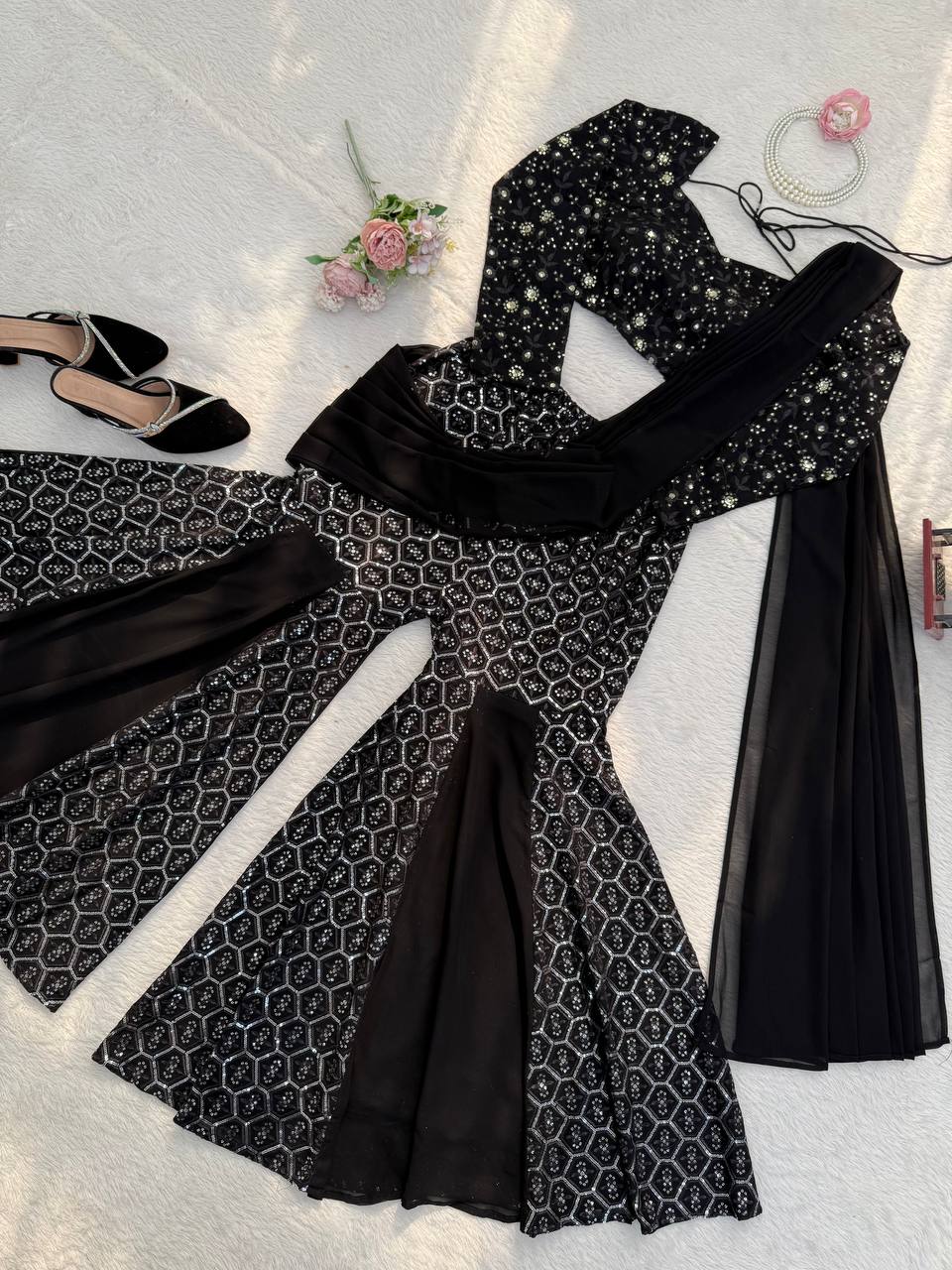 Black Faux Georgette Thread and Sequence Work Choli with Sharara and Dupatta