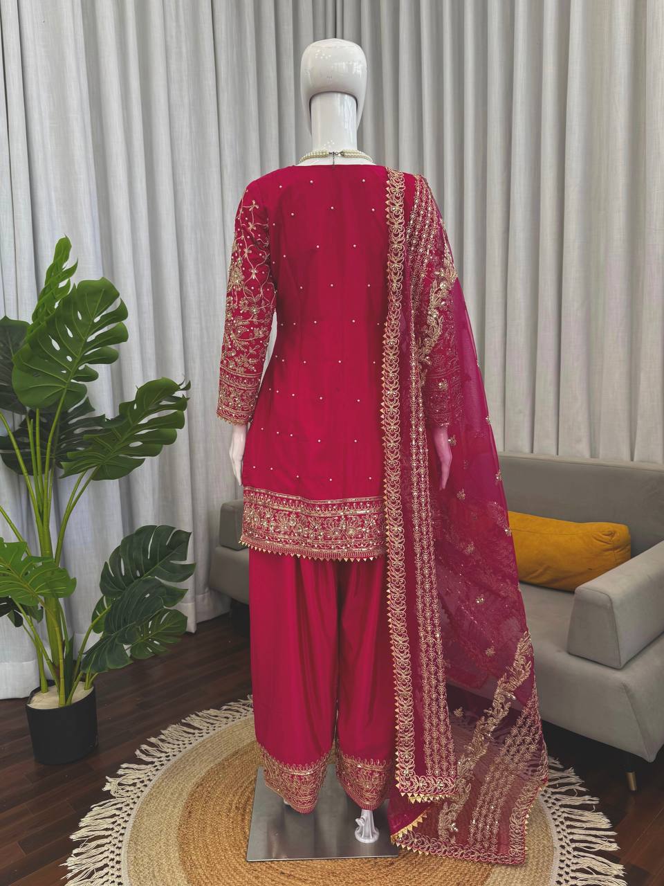 Royal Rani Pink Natural Crepe Thread and Sequence Work Top with Farshi Salwar Set
