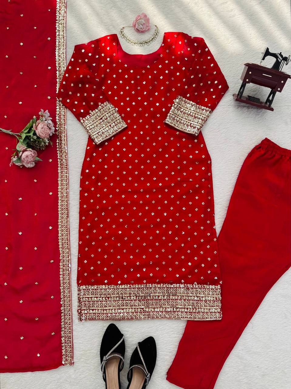 Red Silk Sequence Work Pant and Dupatta Set